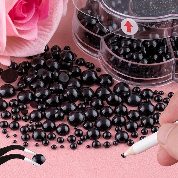 Nail Art Flat Back Half Round Pearl Kits 9, 1 Box of 6000 Pcs Flat-Back Black Pearl with Tweezer and Picker Pencil for Home DIY Nails Body Face Craft and Salon Use