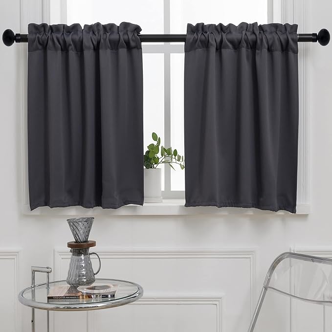 Pickluc Dark Grey Cafe Curtain - Half Window, 36x30 Inches, Rod Pocket, Blackout for Small Windows, 2 Panels