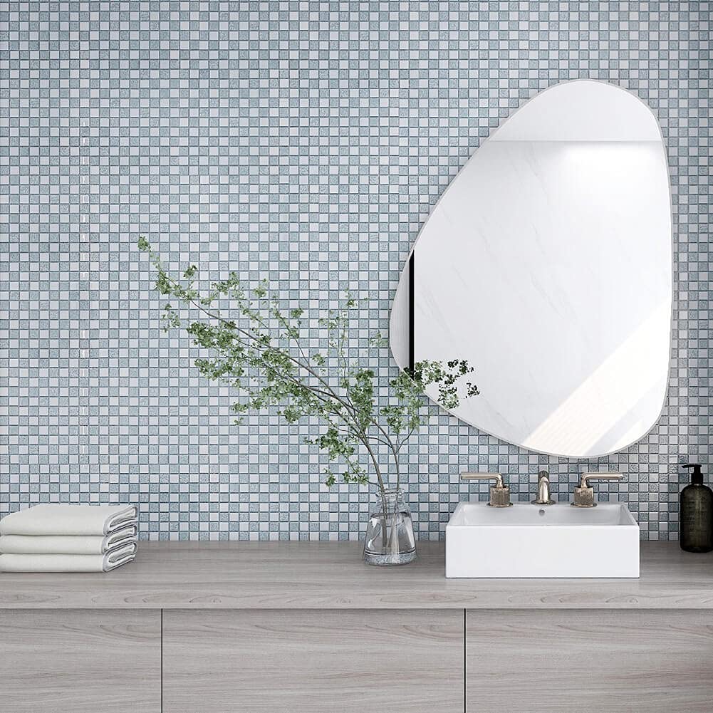 Adedeo Crystal Diamond Mirror Mosaic Tile Square Glass Mosaic Tile for Kitchen Backsplash Bathroom Wall (6 Sheets, Silver Square Flat Mirror)