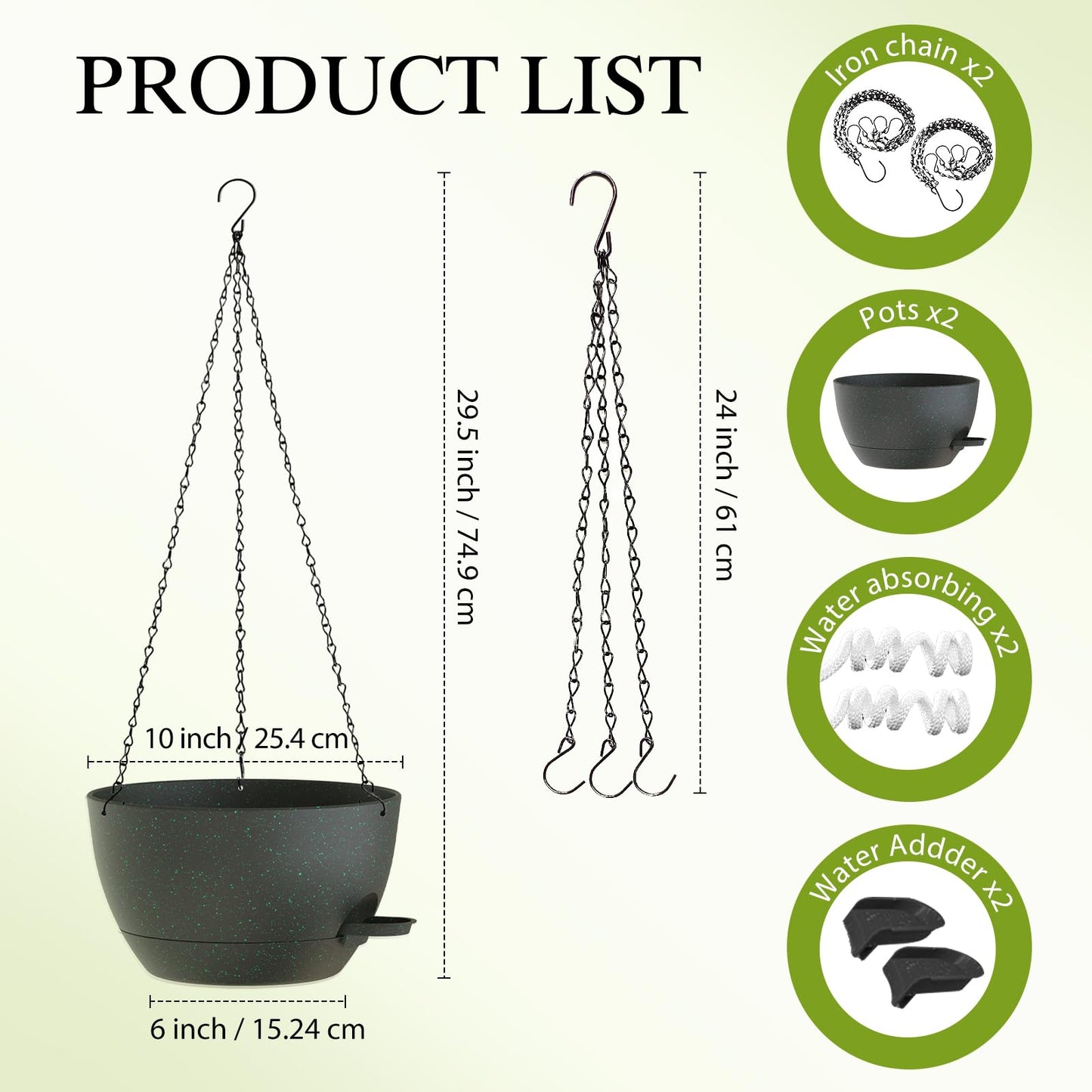 SQKH 10 Inch Hanging Baskets 2 PC with Chains, Self-Watering Hanging Planters for Indoor Outdoor Plants, Plastic Hanging Flower Pots,Black with Green Speckles