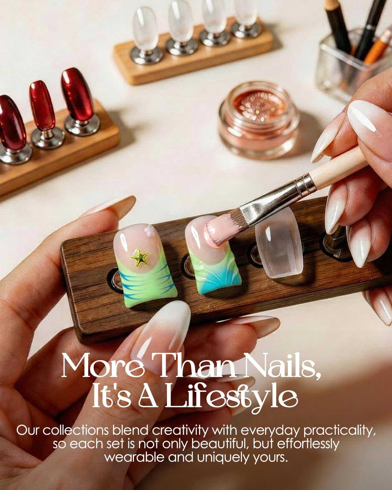 Buleens Handmade Press on Nails Acrylic Duck Nails-10pcs Short Fresh Spring Green Flower 3D Fake Nails Kits with Glue