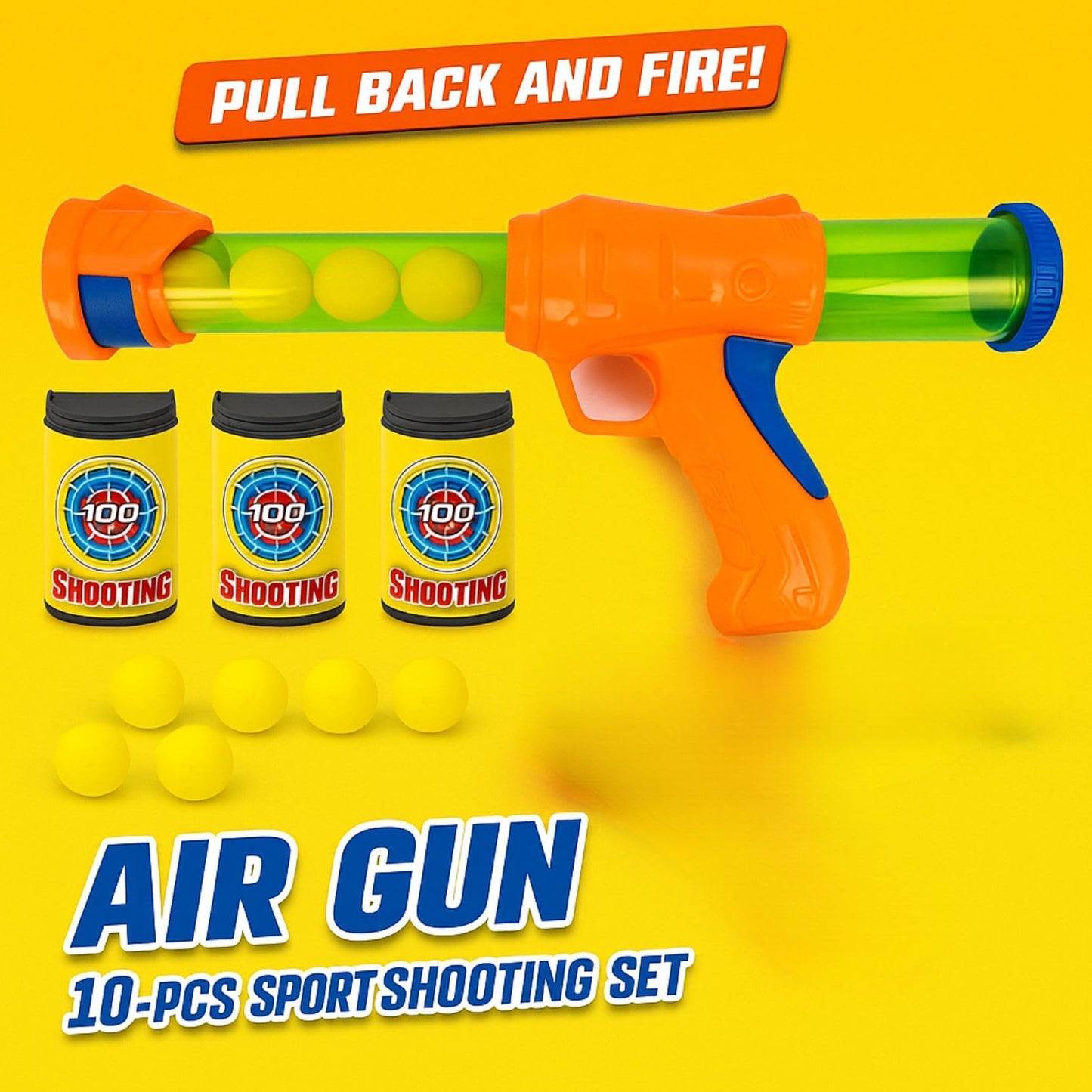 Air Gun Toy Shooting Game – 10-Piece Set with 6 Foam Balls, 3 Target Cans & Launcher – Safe Indoor & Outdoor Play, Hand-Eye Coordination Game for Kids Ages 8+