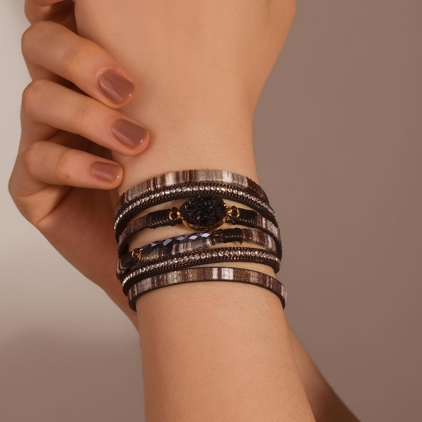 FANCY SHINY Boho Leather Wrap Bracelet Stackable Chunky Crystal Cuff Bracelets with Magnetic Clasp Cowboy Cowgirl Western Summer Beach Outfits Jewelry Gifts for Women (14.7", Boho Black)