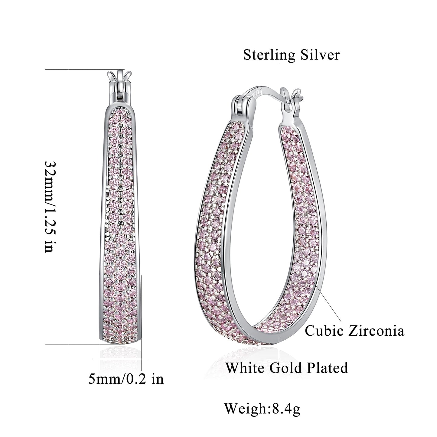CiNily 925 Sterling Silver Post Oval Hoop Earrings for Women Light Pink Cubic Zirconia Hoop Earring Large Chunky Hoop Earrings 14K White Gold Plated Gemstone Earrings