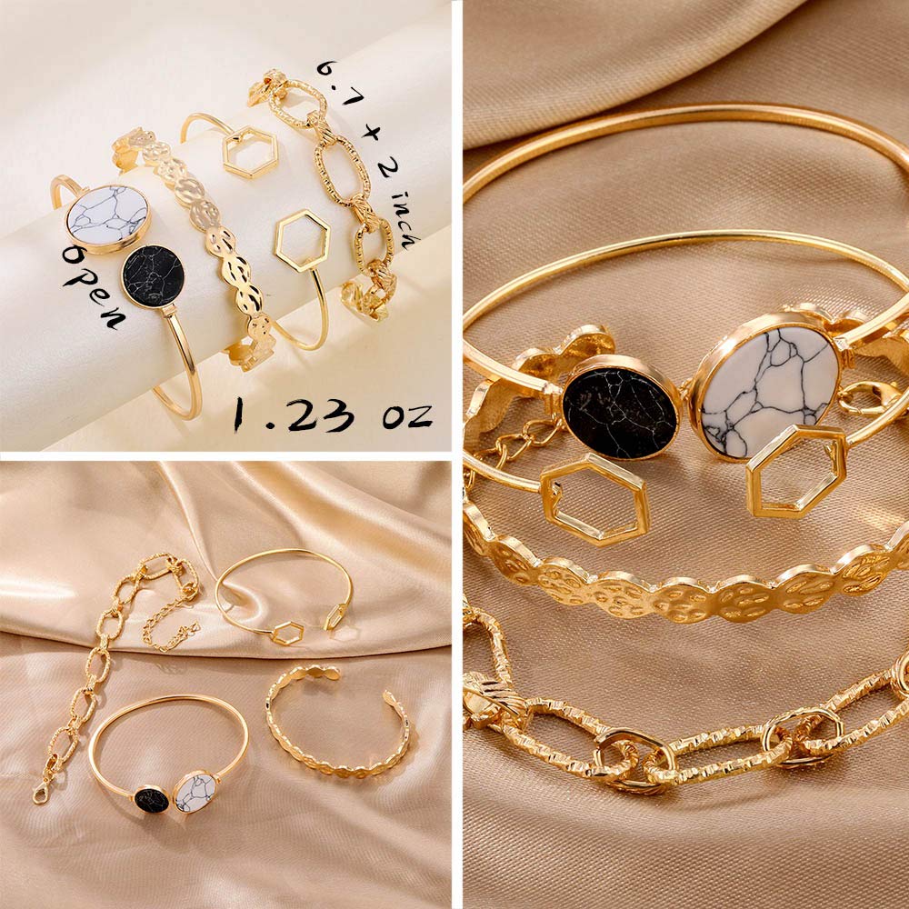IFKM 6 PACK (24 PCS) Boho Gold Chain Bracelets Set for Women, 14K Gold Plated Multiple Layered Stackable Open Cuff Wrap Adjustable Link Italian Cuban Jewelry Gift