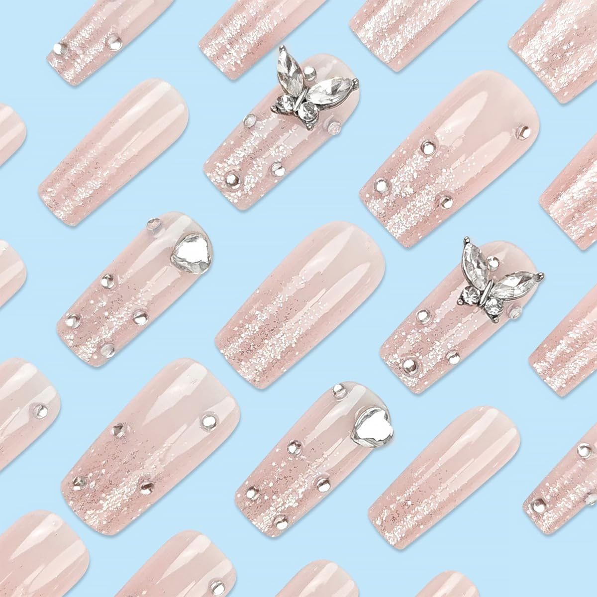 24Pcs Long Coffin Press on Nails Butterfly Fake Nails with Silver Glitter Rhinestones Designs White Gradient False Nails Cute Full Cover Artificial Glue on Nails Pink Stick on Nails for Women DIY Kit