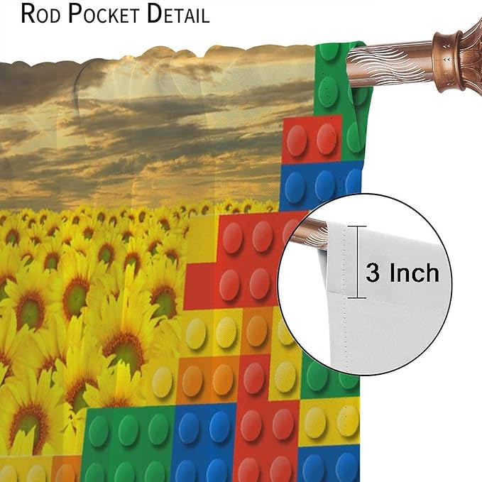 Colorful Building Blocks Sunflower Flower 3D Toy Printed Curtains, Building Blocks, Floral Sunflower Curtains, Interesting Brick 3D Design, Boys and Girls Room Curtain Panels, 2 Panels 72x63in