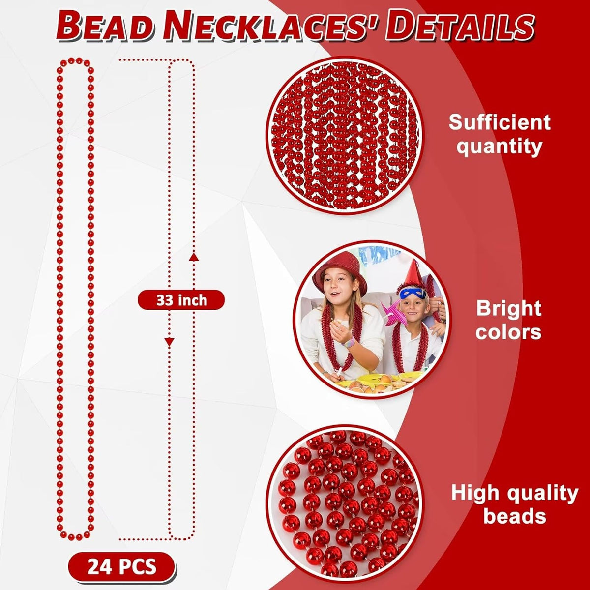 24PCS Bead Necklace, Red Bead Necklace Stuff Party Favors, 33" Christmas Necklaces Festival Parade Throw Accessories for Wedding Birthday Valentines Mardi Gras Xmas Celebrations Decorations