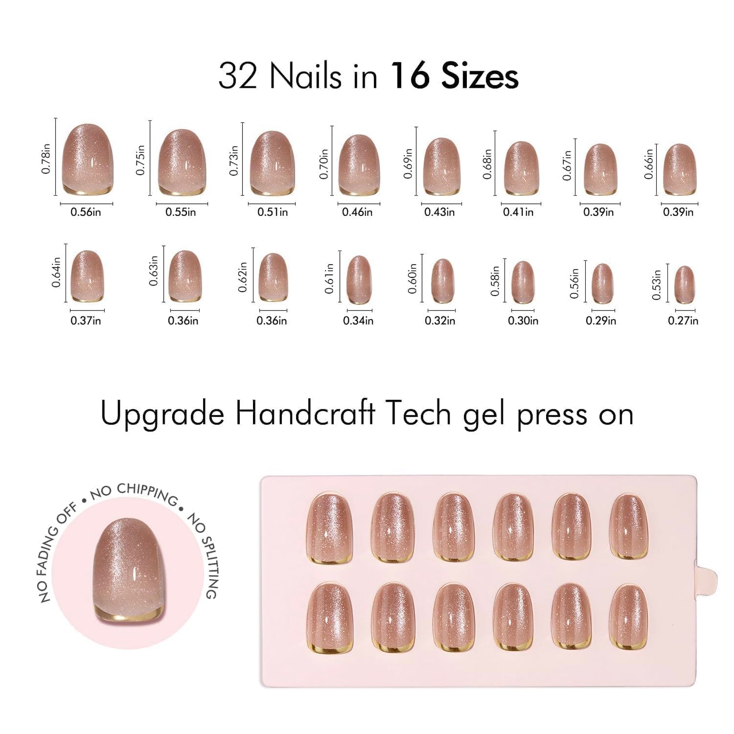 VSALON Oval Short Press On Nails, Gold Foil Finish Cat Eye French Tip Shimmer Light Curable False Nails, Reusable Salon Quality Opaque Fake Nails Kit - 32 pcs Stick on Nails Kit in 16 Sizes with Glues