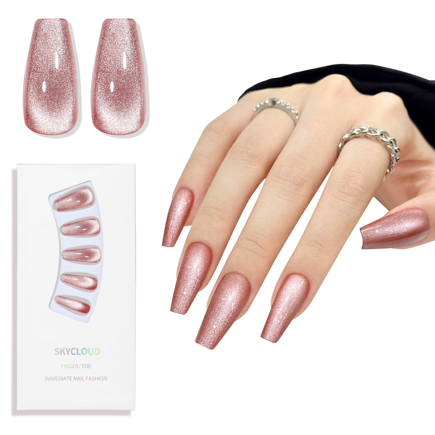 Red Cat Eyes Press On Nails,12 Sizes - 24 Pcs Soft Gel Medium Coffin Fake Nails Kit with Nail Glue, Natural Reusable Stick On False Nails for Women and Girls (Skycloud Red Nails) SK0980