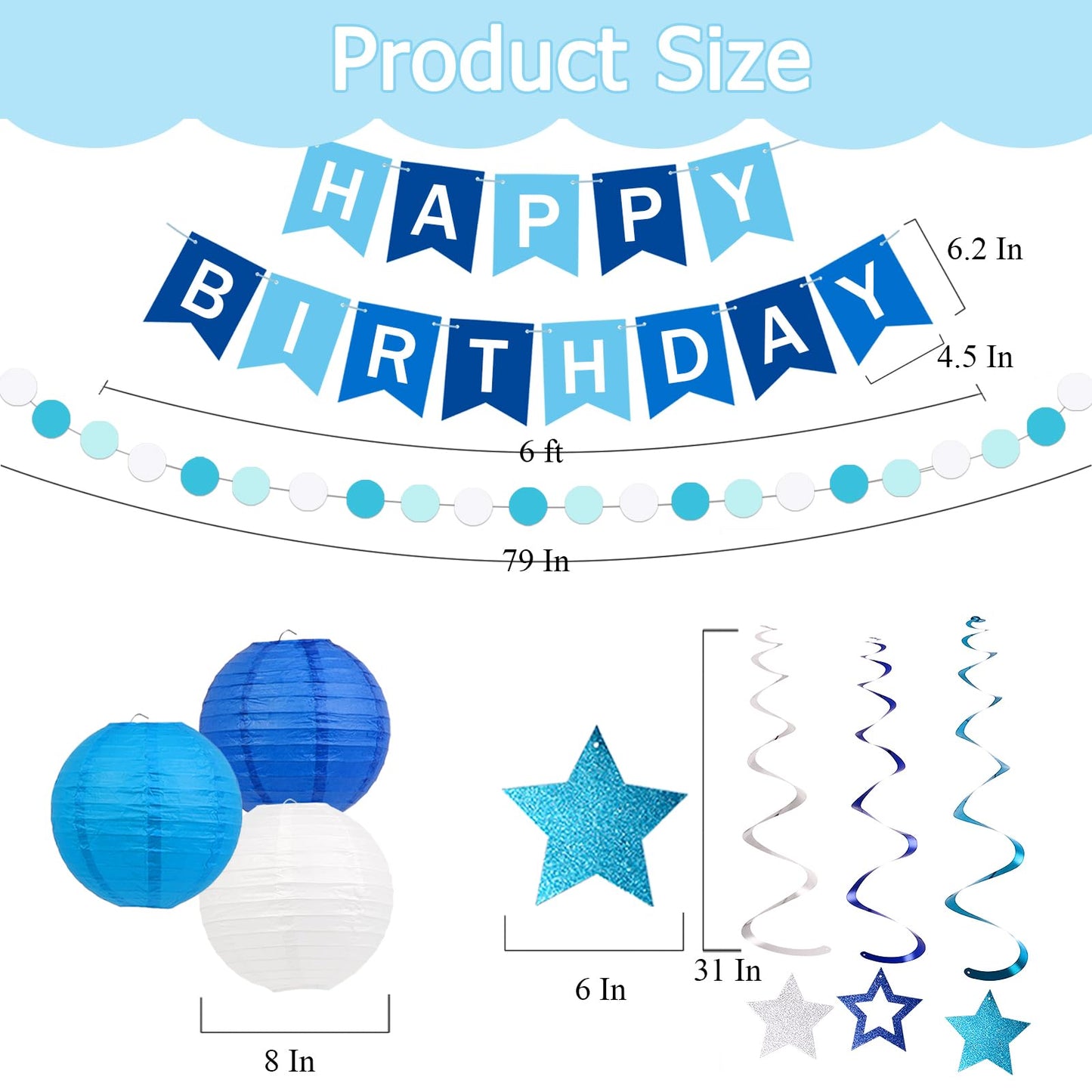 Happy Birthday Decorations, Blue Birthday Party Decorations Set with Happy Birthday Banner, Paper Lanterns, Star Swirl Hanging Decorations & Circle Dots Garland