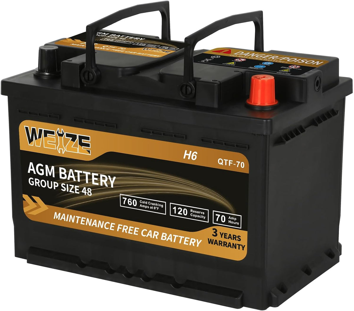 Weize Platinum AGM Battery BCI Group 48-12v 70ah H6 Size 48 Automotive Battery, 120RC, 760CCA, 36 Months Warranty, Dimensions 10.94" L x 6.89" W x 7.48" H