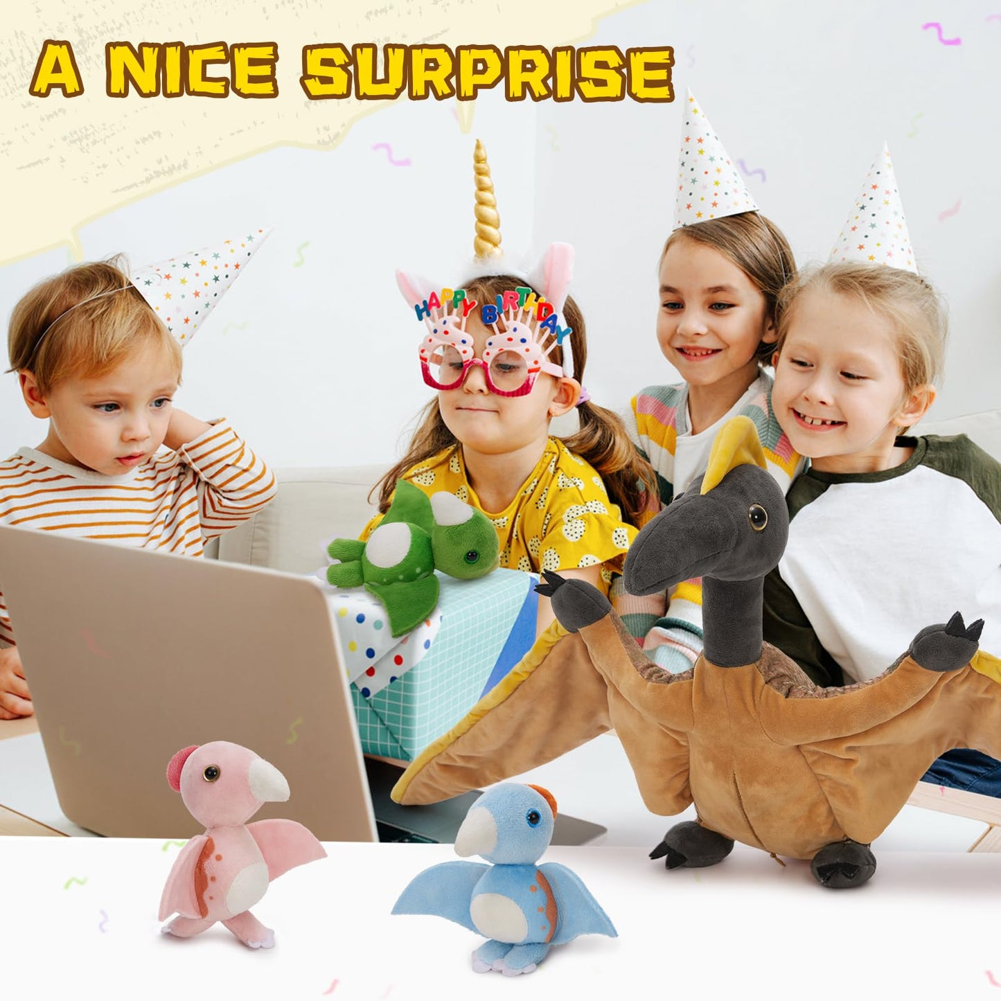 MaoGoLan 4 Pcs Pterodactyl Stuffed Animal with 3 Babies Inside Belly, 37 inch Pterodactyl Plush for Kids Giant Dinosaur Toy Dino Squad Party Favors Decorations Christmas