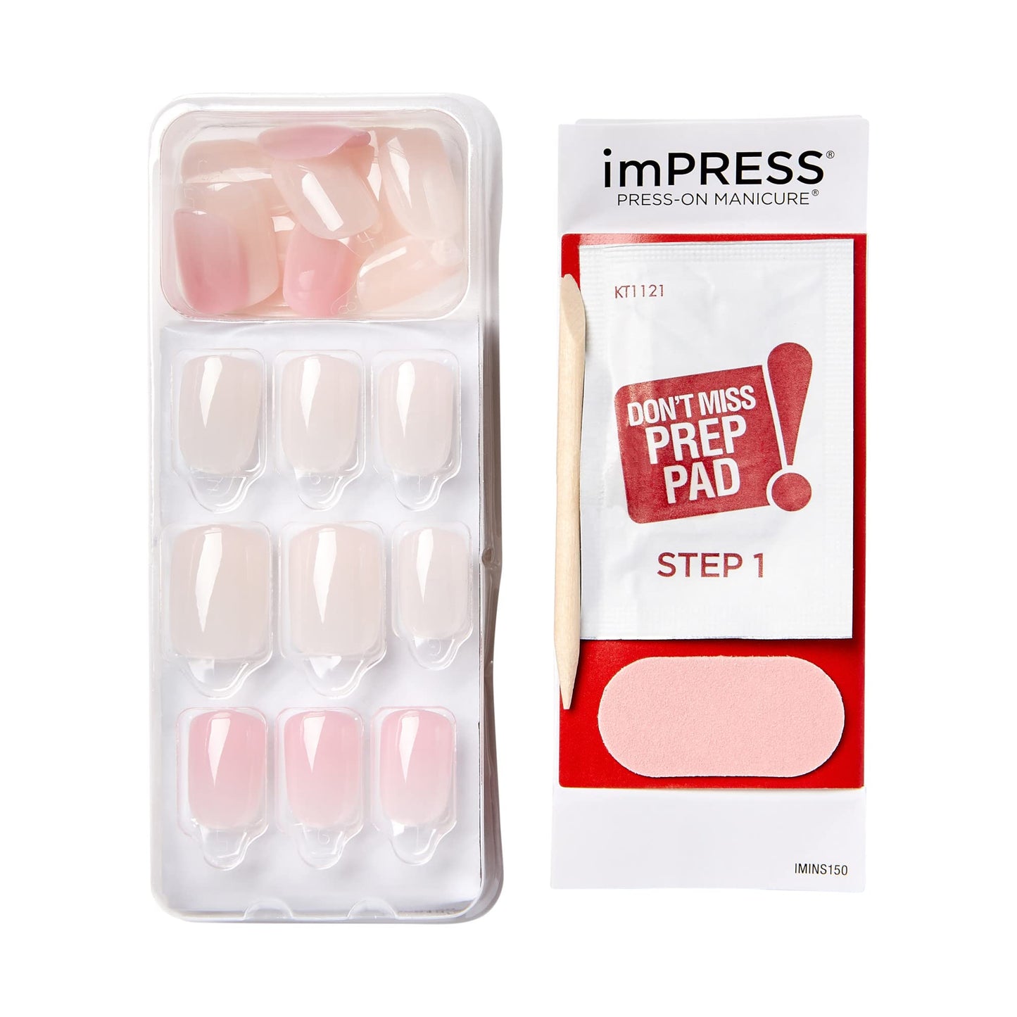 KISS imPRESS No Glue Mani Press On Nails, , 'Effortless Finish', Nude, Short Size, Squoval Shape, Includes 30 Nails, Prep Pad, Instructions Sheet, 1 Manicure Stick, 1 Mini File