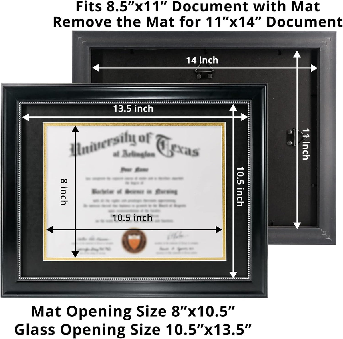 GraduationMall 8.5x11 Diploma Frame with Black over Gold Mat or Display 11x14 Document without Mat, UV Protection Acrylic, Black with Silver Beads