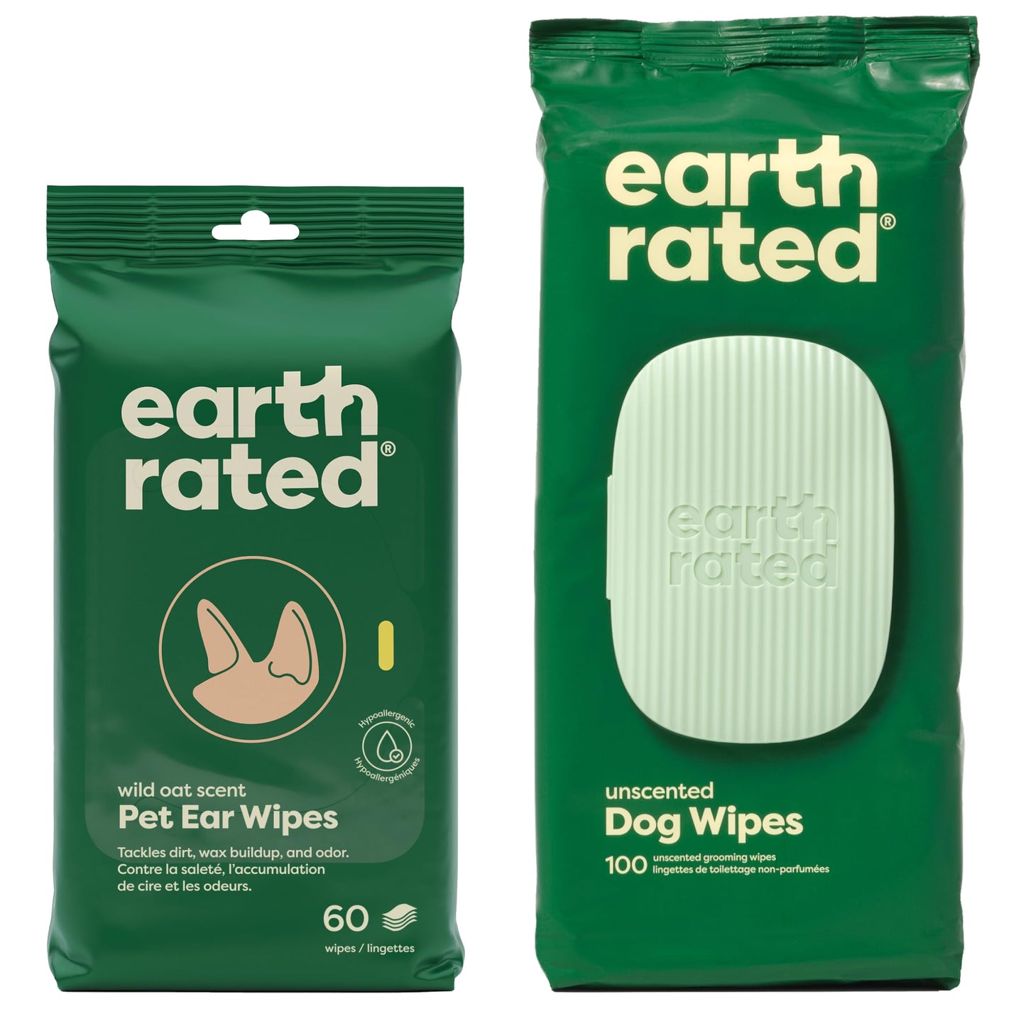 Earth Rated Ear Wipes & Grooming Wipes Bundle - Includes 70 Wild Oat-Scented Pet Ear Wipes and 100 Unscented Grooming Wipes.