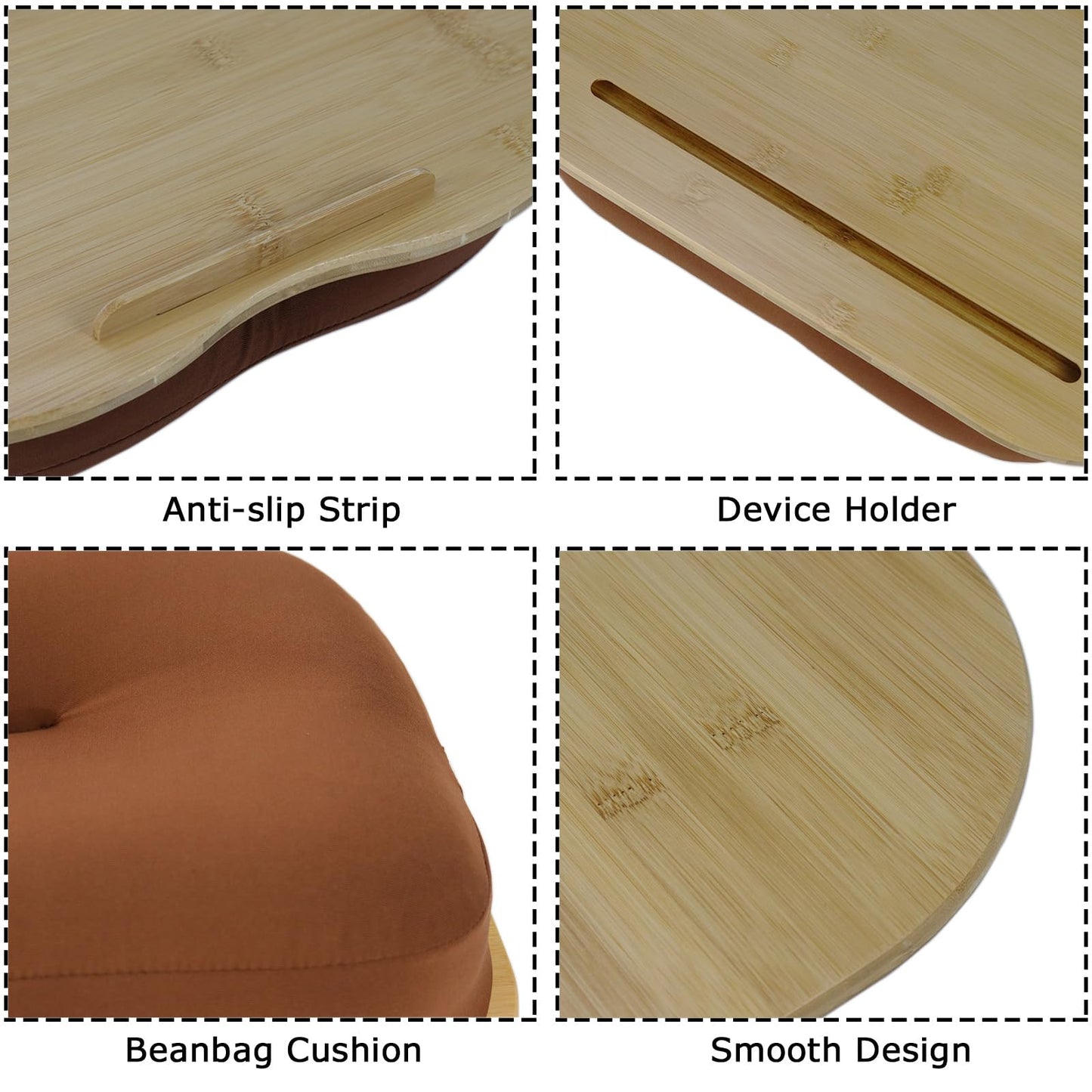 SANJIMO Lap Desk for Laptop with Cushion-Fits up to 15 inch, Bamboo Computer Laptop Stand with Phone Hoder, Anti-Slip Stopper