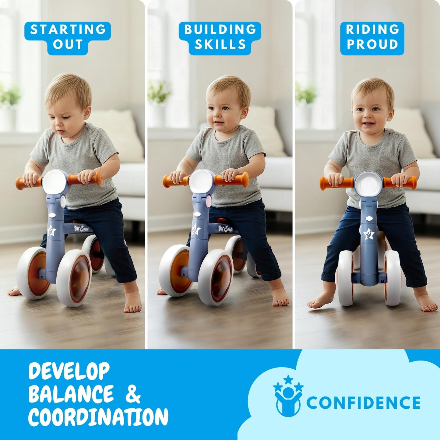 bicystar Baby Balance Bike with Adjustable Handlebars, Rear Wheel, Colorful Lighting, Best Gift for 12-36 Months, Light Blue