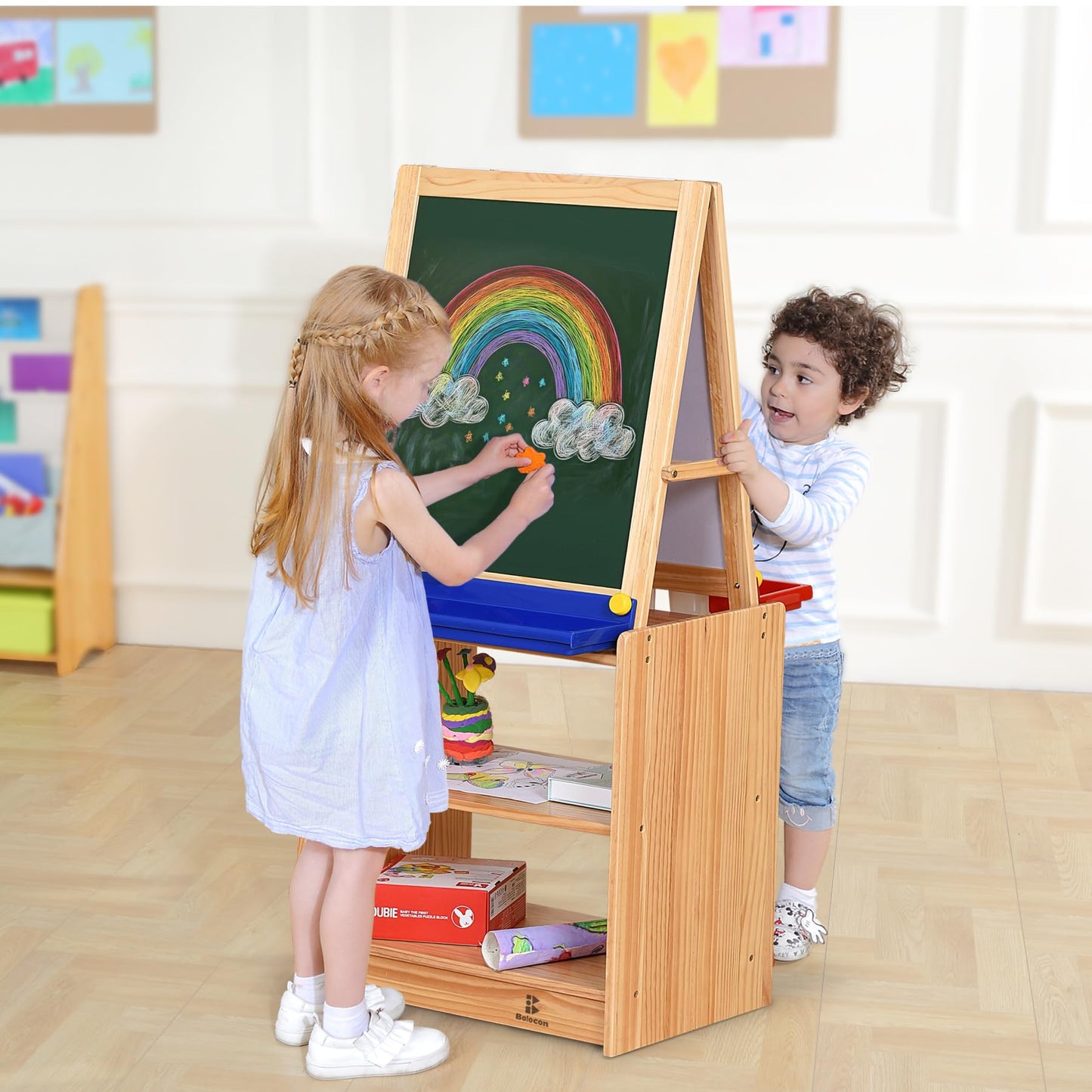 Bolocon Dual-Sided Magnetic Art Easel, Wooden Activity Station w/ 2-Tier Storage Cabinet, Art Center for Toddlers, Classroom Whiteboard & Chalkboard