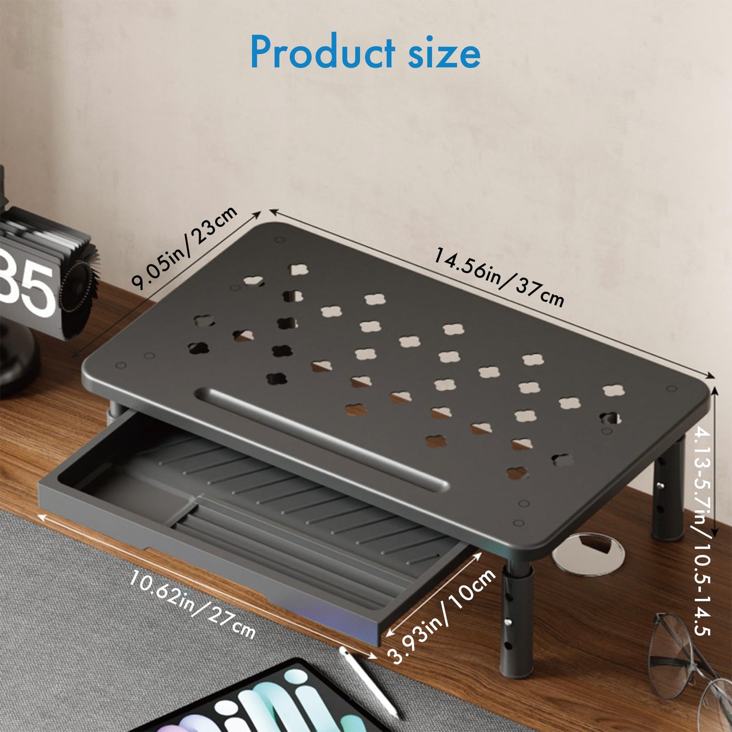 Monitor Stand Riser with Drawer - Adjustable Height (10.5-14.5cm) 3 Gears, Carbon Steel Desk Organizer for Computer/Laptop, Ventilated, Multi-Layer Storage for Office Home，pc stand (Black)