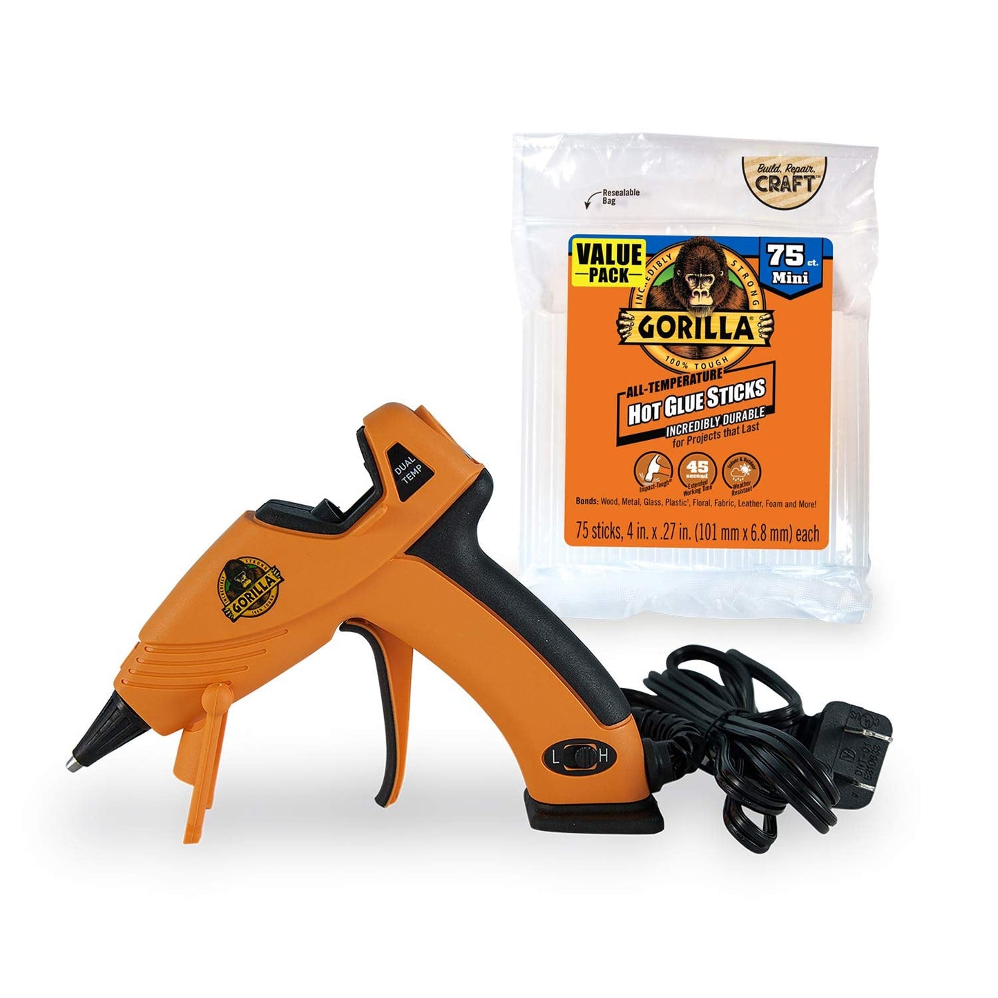 Gorilla Dual Temp Mini Hot Glue Gun Kit with Gorilla Hot Glue Sticks (75 Count)