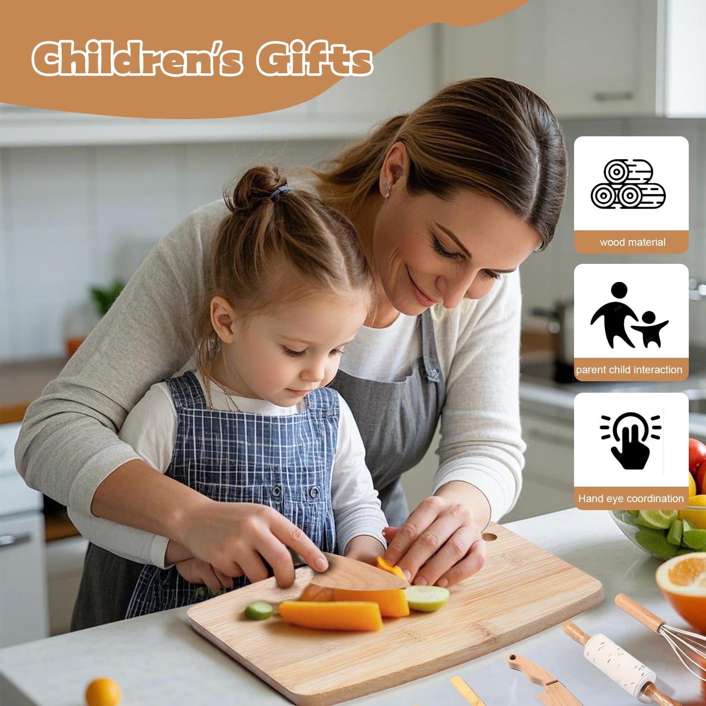 IHFAIO Kids Knife Set for Real Cooking, 8 PCs Kids Cooking Sets for Little Chef, Nature Wood Utensil