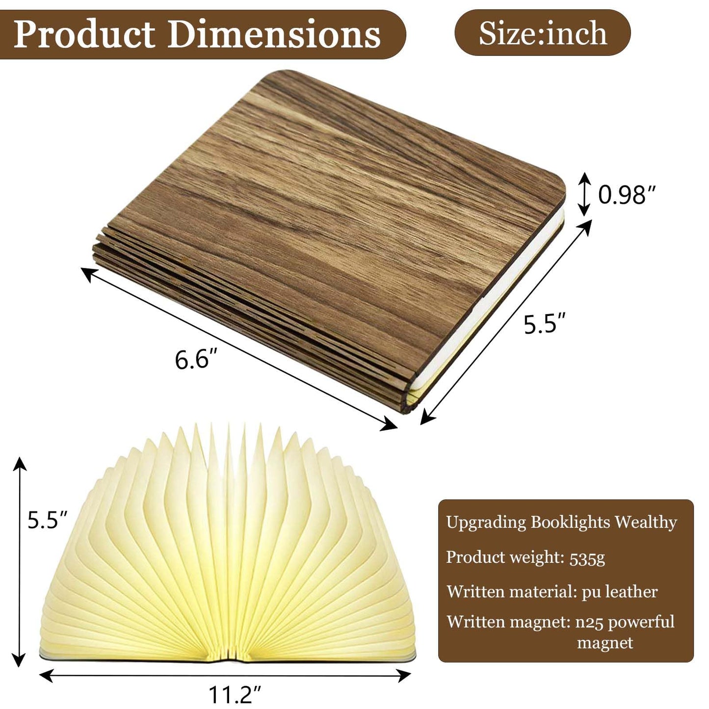 Anwick Lamp Book Large Size Folding Mood Light, Novelty LED Night Light, USB Large Capacity Rechargeable Wooden Table Lamp