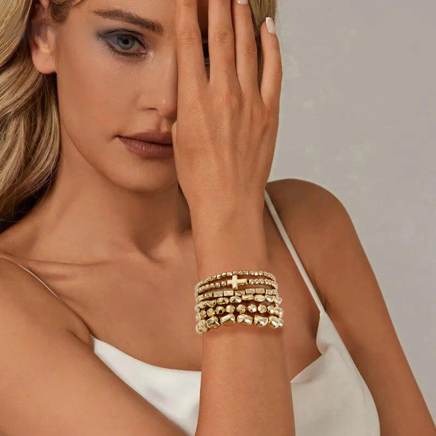 Sajidos Gold Plated Beaded Bracelets for Women Trendy, 14K Gold Plated Stack Cross Pearl Bead Stretch Bracelets Set Elastic Hypoallergenic Bracelets Jewelry Gifts (style1)
