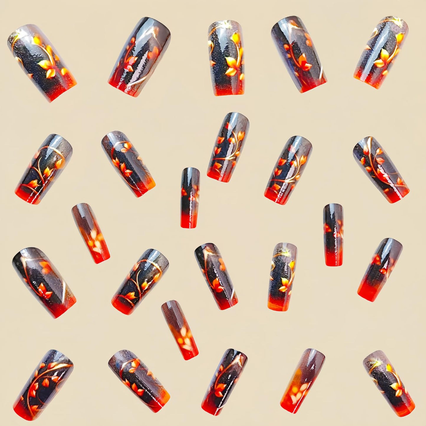 Flower Press on Nails Medium Square Nails Brown Floral Pattern Design False Nails Full Cover Glossy Stick on Nails Artificial Acrylic Nails Glitter Nails 24Pcs Reusable Glue on Nails for Women
