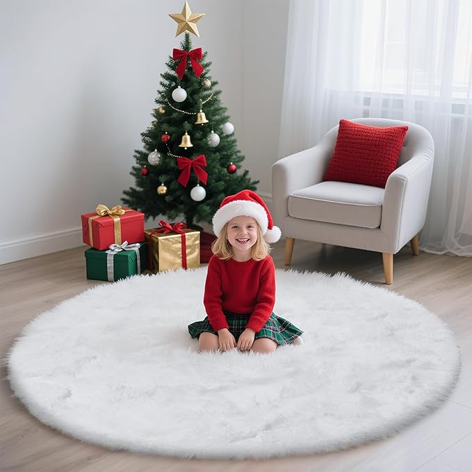 yulidayang White Fluffy Round Area Rugs for Bedroom,4'X4'Shag Circle Area Rugs for Girls Room,Non Slip Fuzzy Plush Rug for Kids Room Living Room and Dorm Home Decor Rug