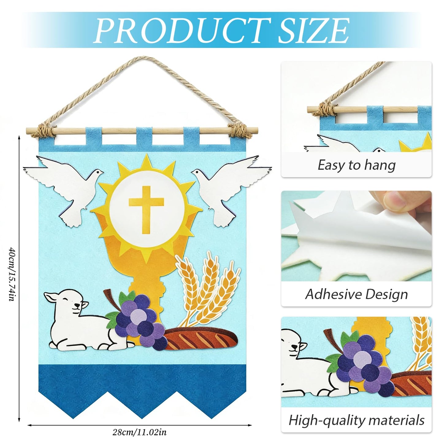 Zaruatu First Communion Banner Kit 11 x 15.74 Inch First Holy Communion Banner Kits Felt DIY Decor Set Include White Dove Communions Cup Lamb Grape Skewers for Church Sunday School (Blue)