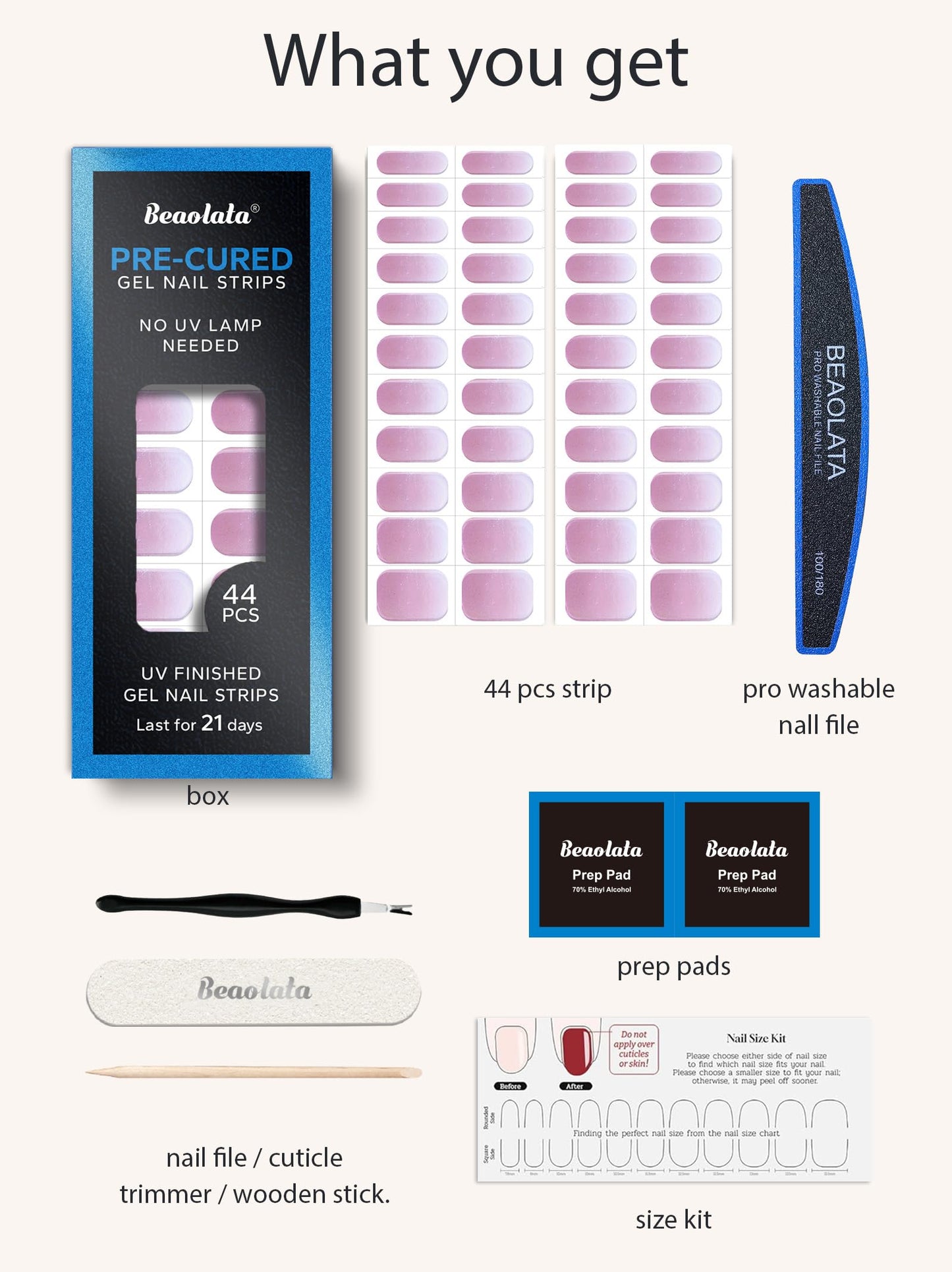 Beaolata Real Gel Nail Strips (No UV Light Needed) - 44Pcs Salon Quality Nail Stickers - Long Lasting Polish Wraps for Women, Easy Apply & Remove (Chrome Peach Pink)