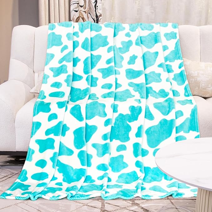 Blue Cow Print Twin Blanket - Lightweight Fuzzy Soft Throw for Bed, Sofa, Dorm, Couch - Cozy Cyan Gifts for Teens Girls Bedroom Decor