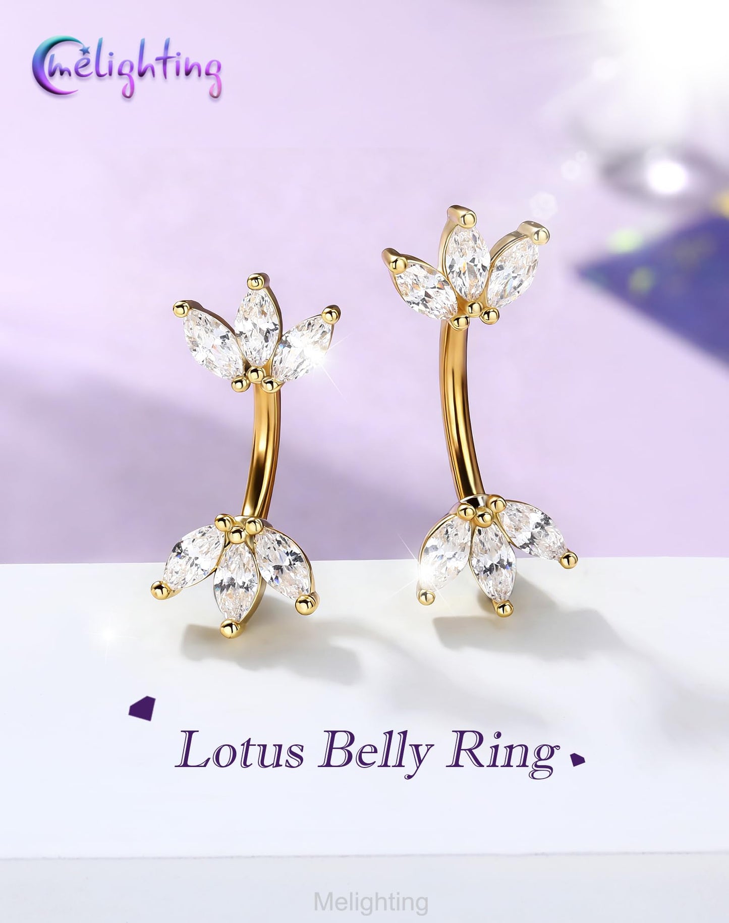 Melighting 14G Gold Lotus Belly Button Ring, Double CZ Navel Ring 316L Surgical Stainless Steel Marquise 5A CZ Belly Bar 8 mm