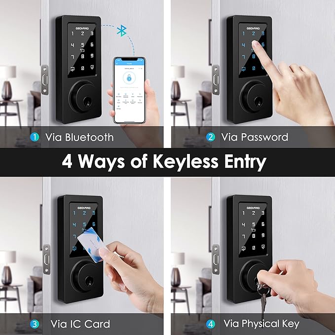 Keyless Entry Door Lock, Smart Deadbolt Lock with Bluetooth App, Electronic Keypad, IC Card, Keys, Security Waterproof Easy Install Ideal for Home, Apartment, Office, Hotel