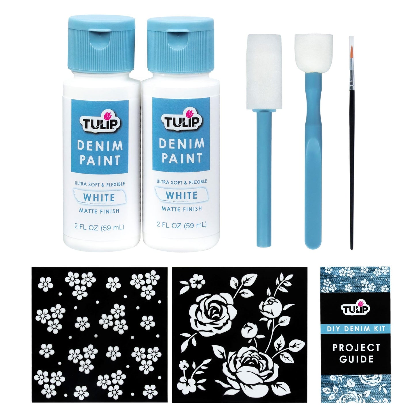 Tulip Denim Paint Stencil Kit, Permanent Paints, Beginner Friendly Craft Kit, Includes Stencils, Pouncers, Brush Tools and Easy Project Guide, 8 Pieces