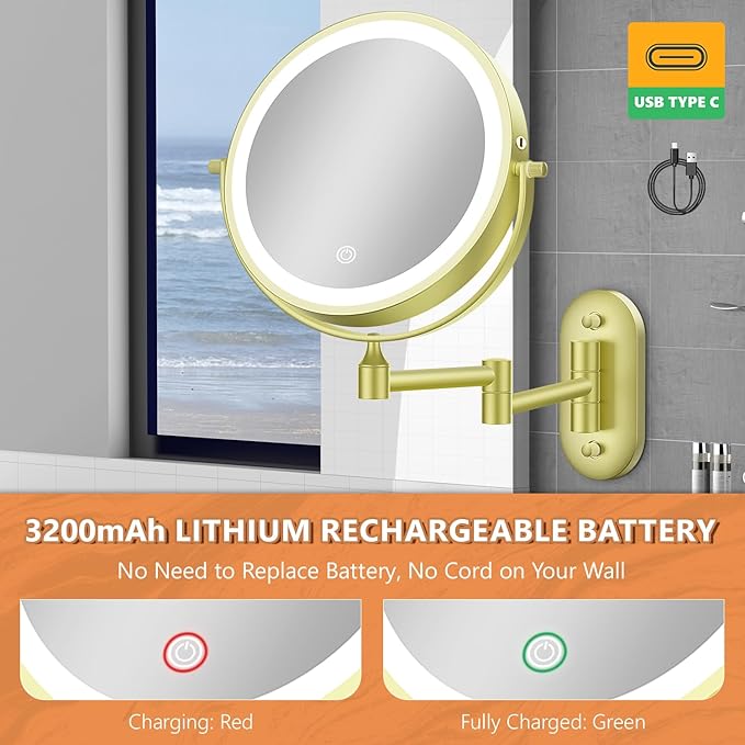 Auxmir 1X/30X Wall Mounted Makeup Mirror with Light, 8" Rechargeable Double-Sided Magnifying Mirror, Vanity Mirror Dimmable 3 Color Light, 360° Extension Rotation Foldable 14.5 Inch Arm, Gold