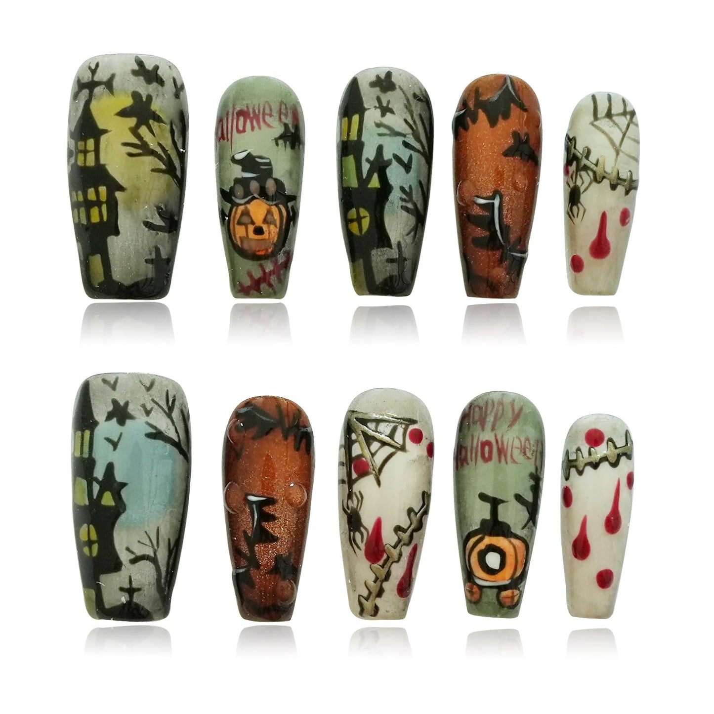 Tesytto Handmade Press on Nails Long Coffin - Cartoon Story with Horror Design for Parties, Halloween (Halloween House Story,S)