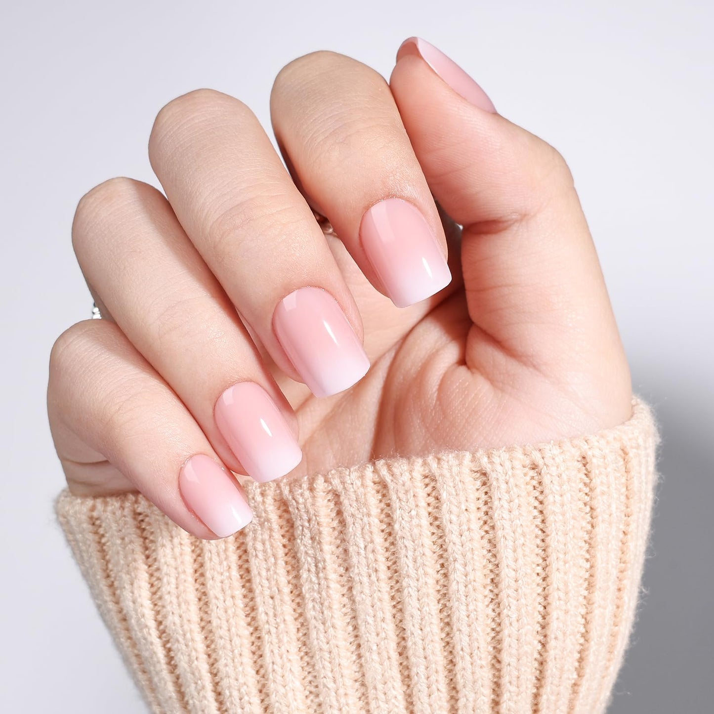 Ombre Press On Nails - Short Square Light Pink Press on Nails, Glossy Nails Press Ons for Women, Reusable Fake Nails Kit with Glue, 30 Pieces in 15 Sizes