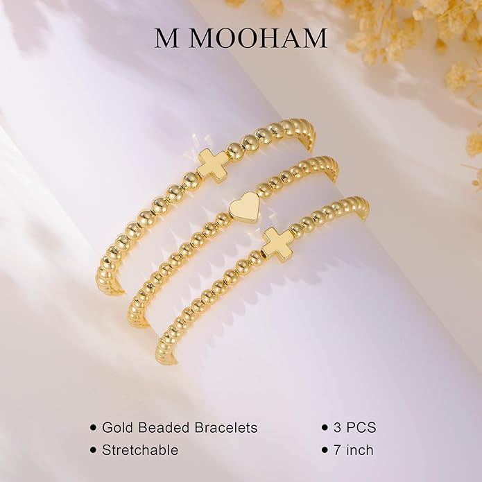 M MOOHAM Gold Beaded Bracelets for Women - 14k Real Gold Plated Beaded Pearl Bracelet Set Stack for Women Trendy Non Tarnisn, Adjustable Stretch Bracelet Jewelry Gifts for Teen Girls Women