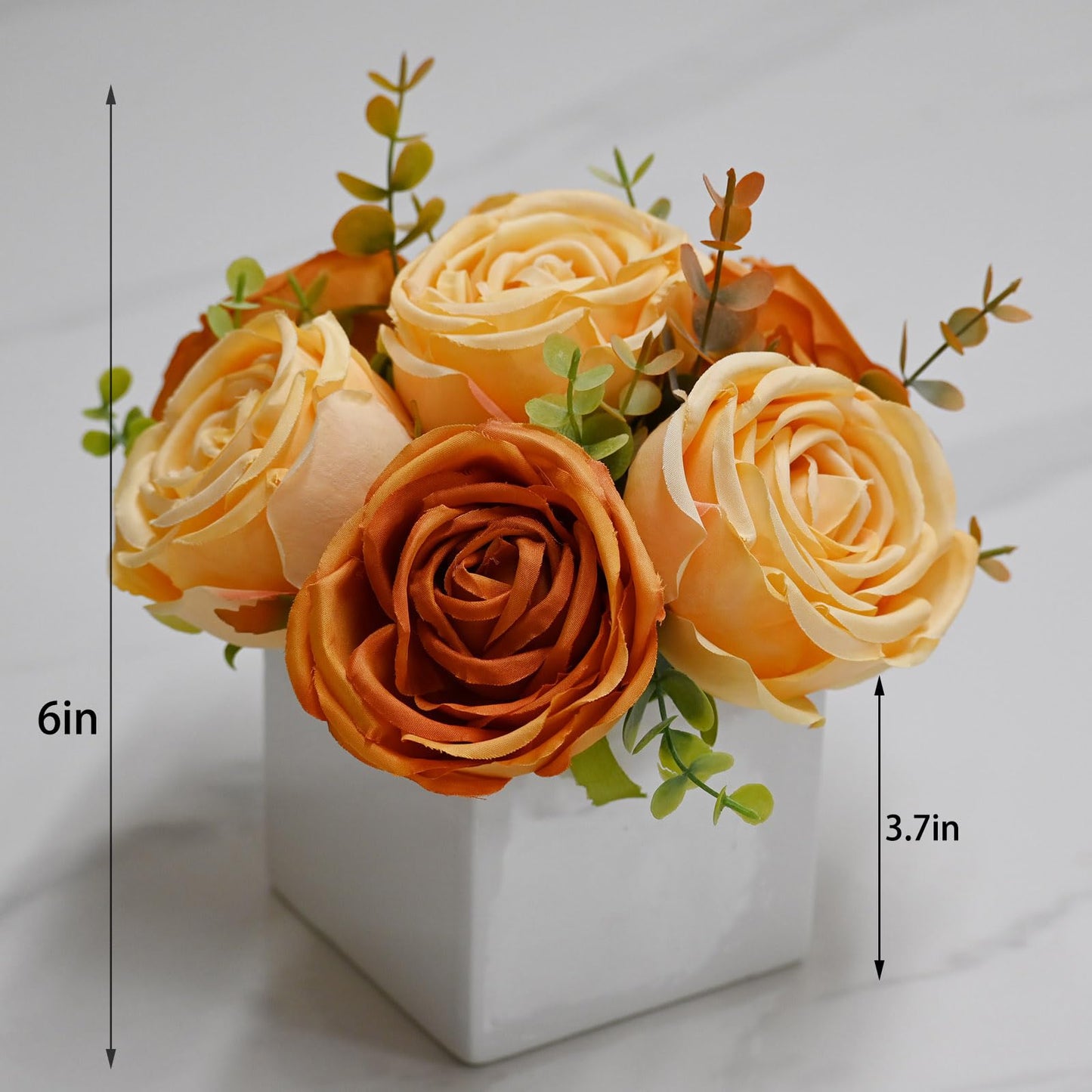 LADADA Artificial Roses in White Ceramic Vase, Faux Silk Flowers with Eucalyptus, Fake Floral Centerpiece for Home Wedding Party Table Decor