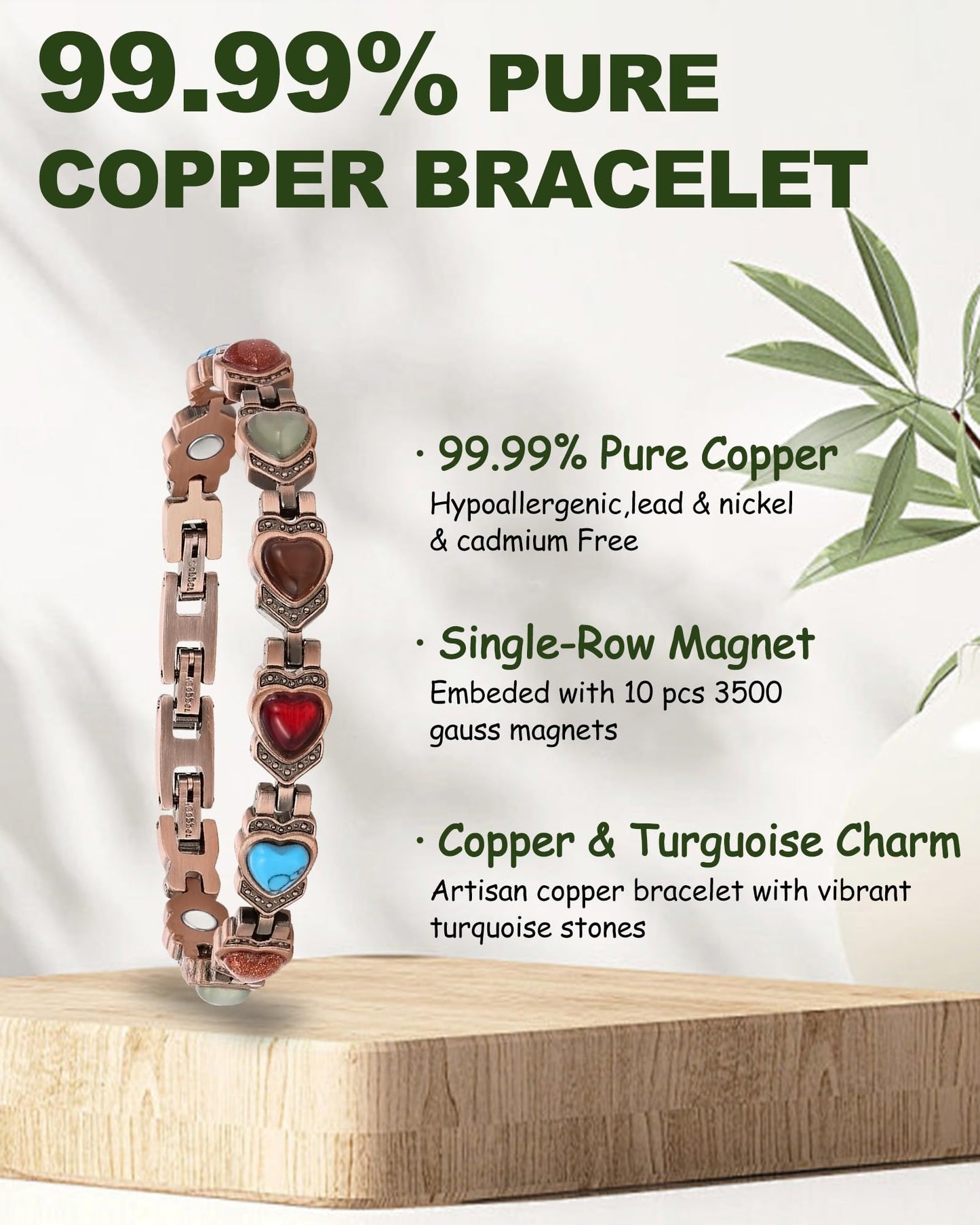 MagEnergy Copper Bracelet for Women, 99.99% Pure Solid Copper Bracelet with 3500 Gauss Magnetic, Adjustable, Jewelry Gift (Copper-Heart+Ring/B)