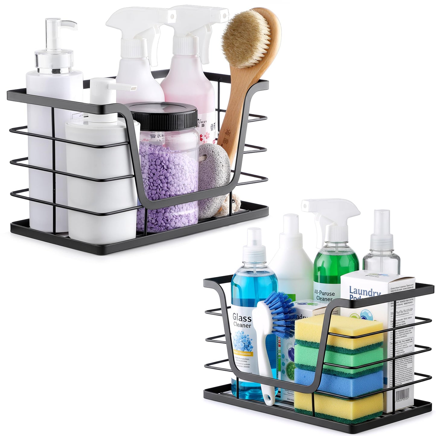 ALOCEO 2 Pack Storage Stackable Kitchen Laundry Organizers with Bamboo Top, Large Trash Bag Holder and Small Garbage Bag Dispenser for Countertop Organization