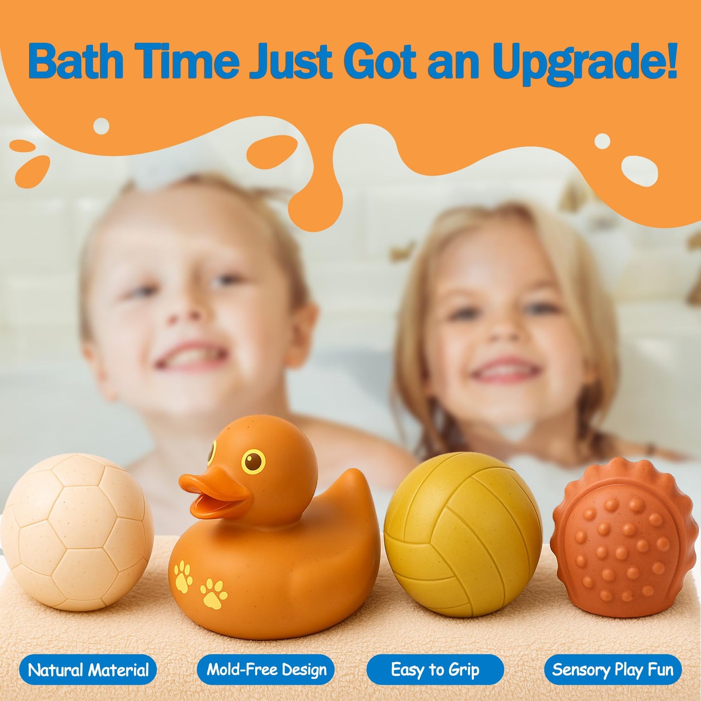 Soft Building Blocks & Baby Bath Toys Bundle - STEM Montessori Stacking: Rubber Blocks 42PCS with Storage (12-18M) + Floating Duck & No-Hole Wheat Straw Sensory Balls (9 Pack) for 6-12M & Toddlers 1–3