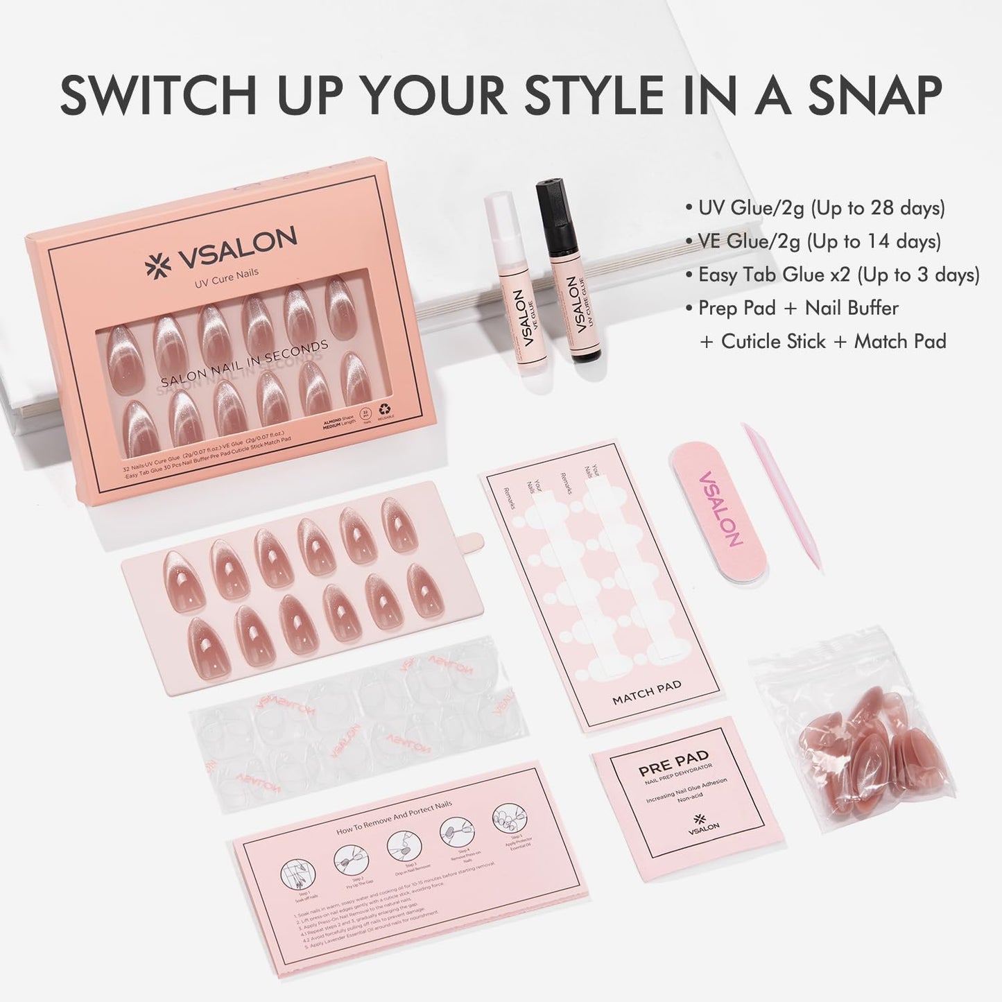 VSALON Press On Nails Almond Medium, Cat Eye French Tip Nude Pink Sparkly Fake Nails With UV Glue Reusable Semi-transparent Spring Wedding Stick On Nails 32 Pcs 16 Sizes