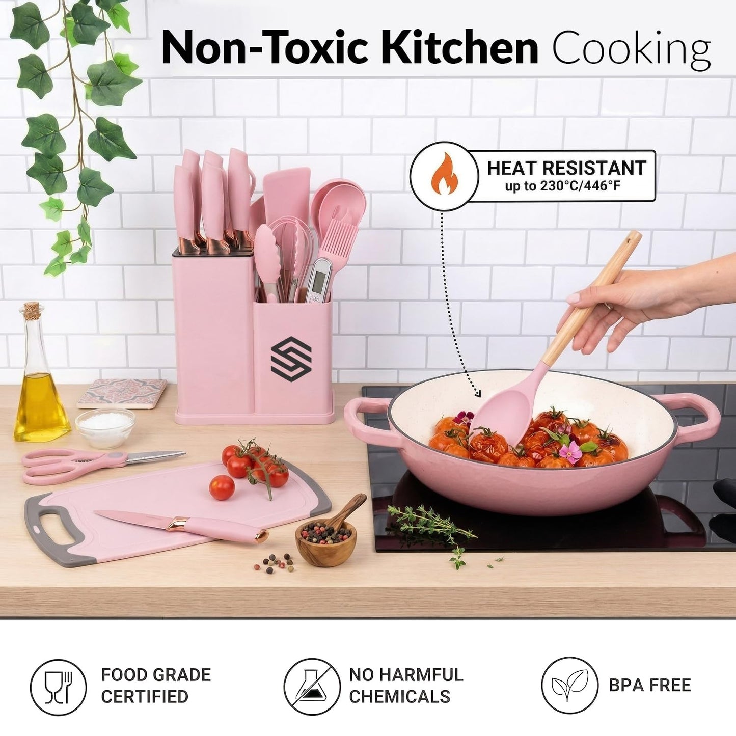 19 PCS Pink Silicone Cooking Utensils Set with Wooden Handle & Knife Set Block, Heat-Resistant Spatula, Spoon, Ladle, Whisk with Holder – BPA Free, Silicone Kitchen Utensil Set for Cooking & Baking