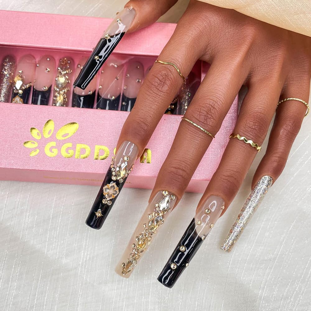 GGddsha 2025 100% Handmade Nails Long and Reusable PMMA Acrylic Press on Nails With Rhinestone Spot Black Design Reusable Full Coverage Fake Nails Handmade Nails Ladies Fake Nail Set (Black, M)