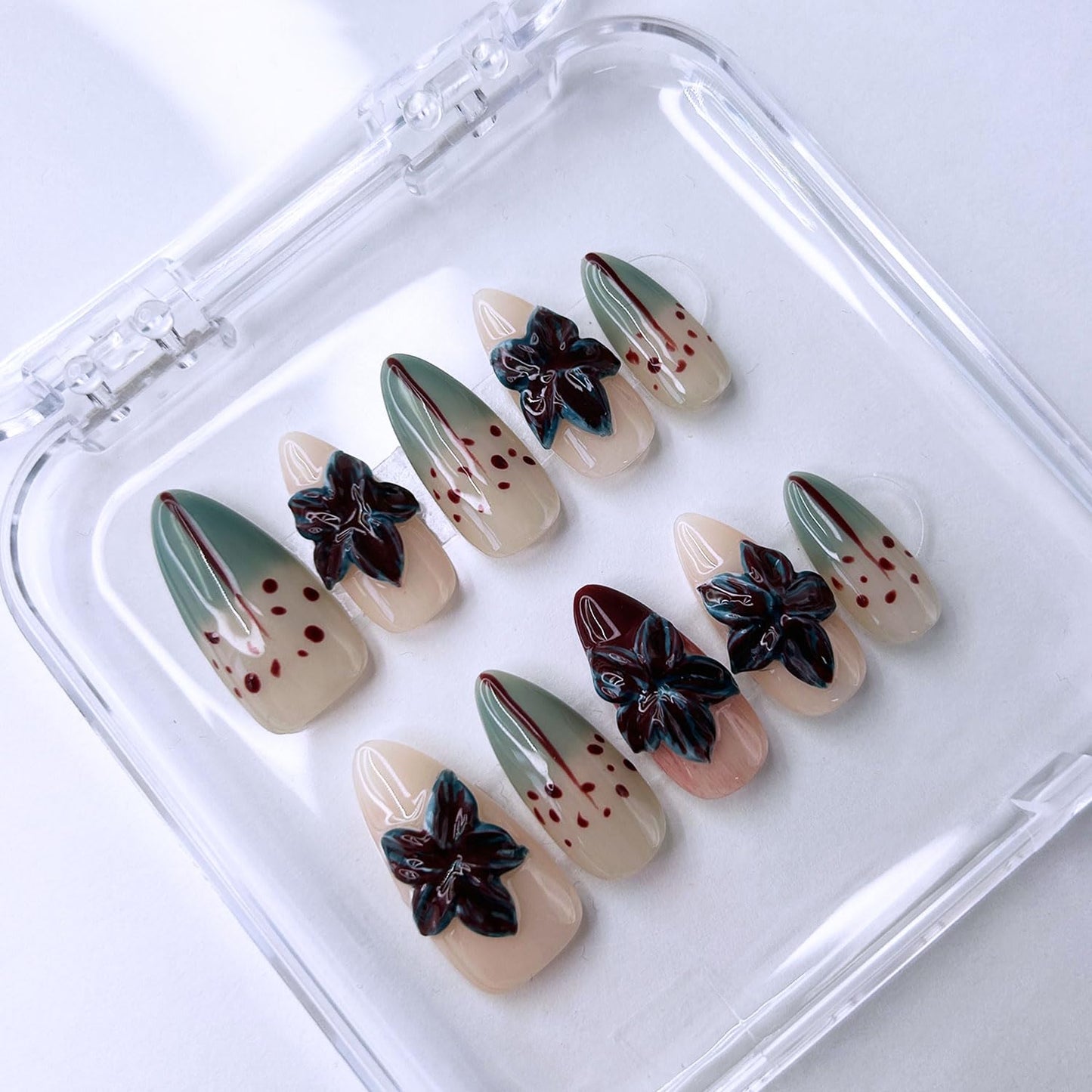 10 Pcs Handmade Almond Press on Nails Medium French Tip False Nails with Glue,3D Flower Bloodstain Gradient Glossy Designs Stick on Nails Full Cover Artificial Acrylic Glue on Nail for Women (S）