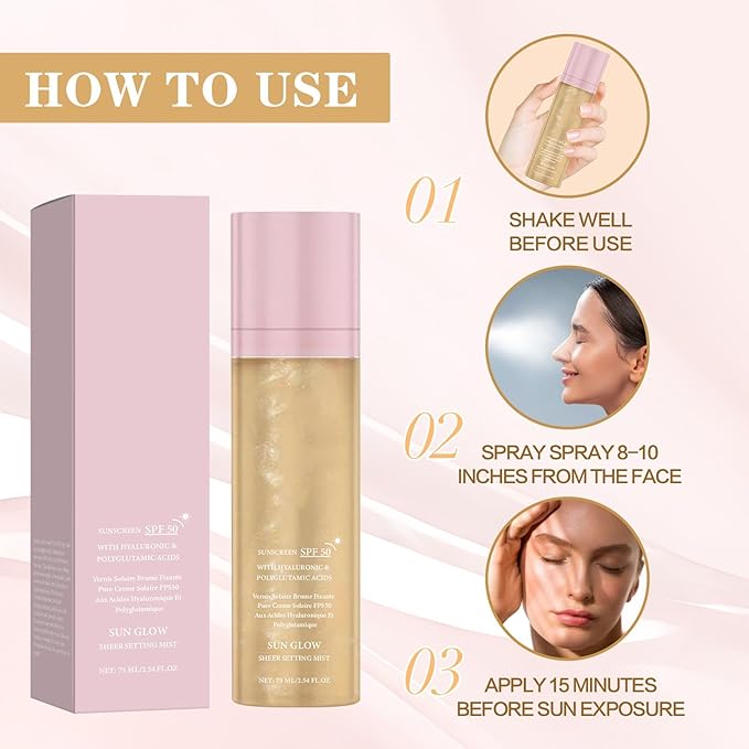 Sheer Setting Mist Sunscreen SPF 50 for Face & Body, Broad Spectrum Shimmering Body Oil Mist, Hydrating Makeup Friendly Glow Spray, Non-Greasy, Fast-Absorbing, Waterproof Long Lasting