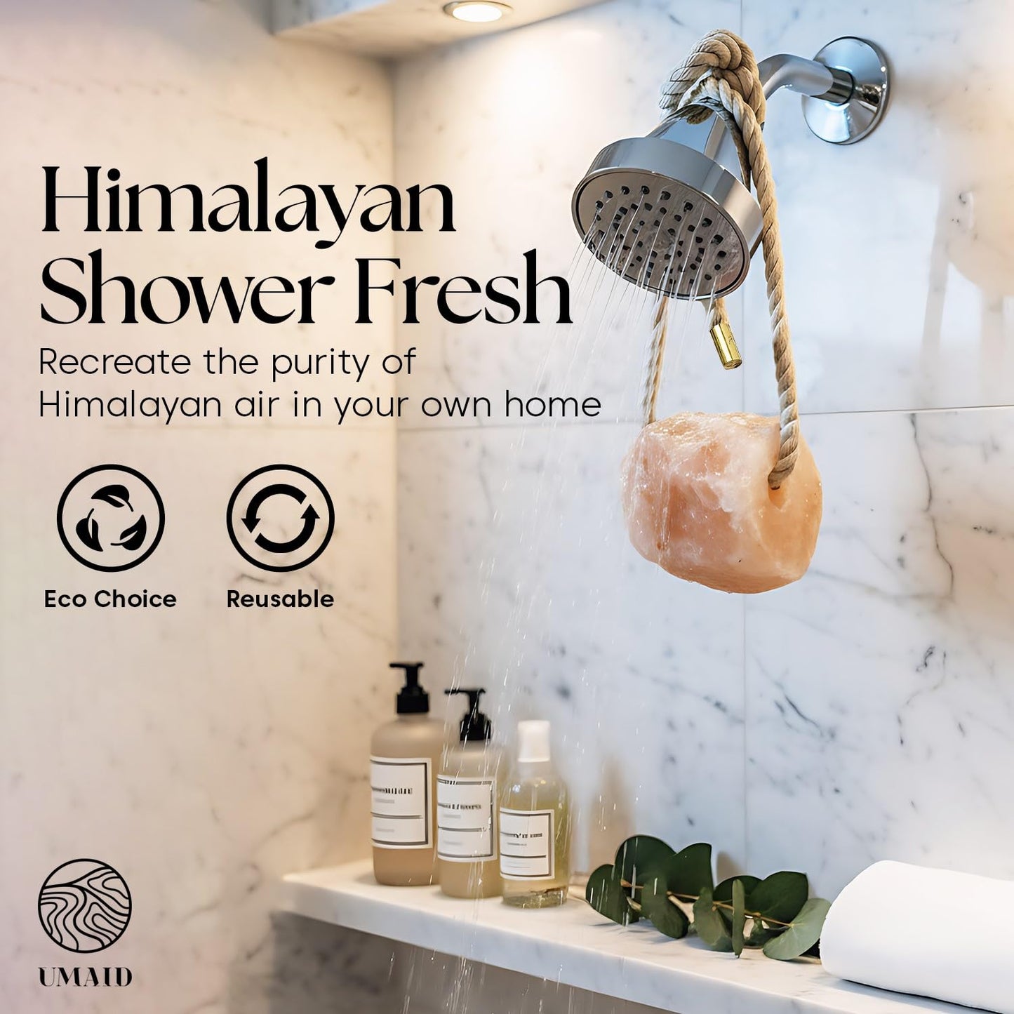 UMAID Himalayan Pink Salt Rock for Shower & Bath – Salt Buddy™ 2 lb Hanging Mineral Stone for Spa-Inspired Relaxation, Self-Care & Bath Soaks, Unique Wellness & Home Spa Gifts for Men & Women